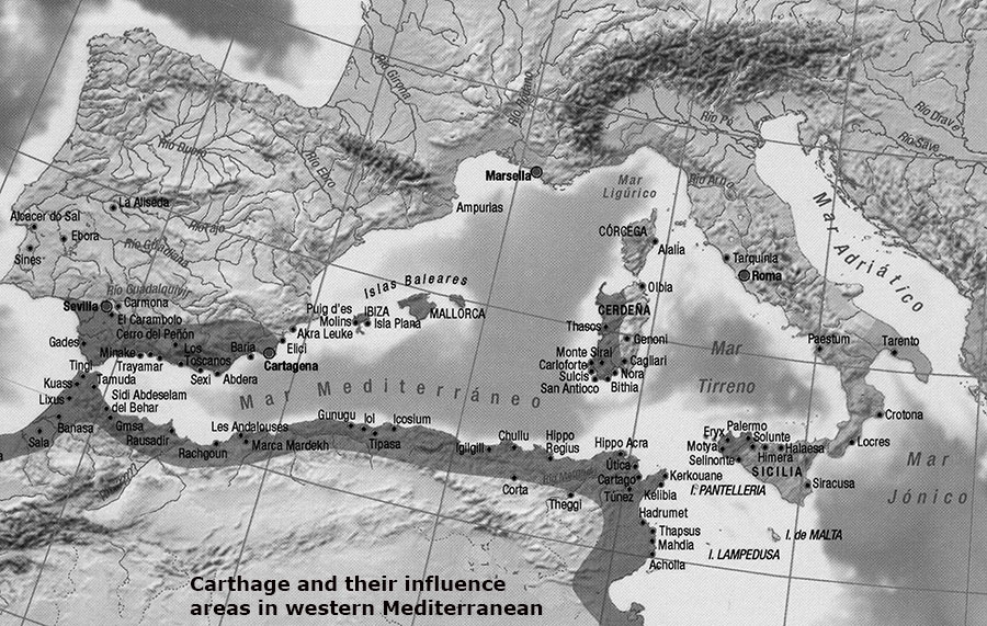 Carthage and their influence areas in western Mediterranean