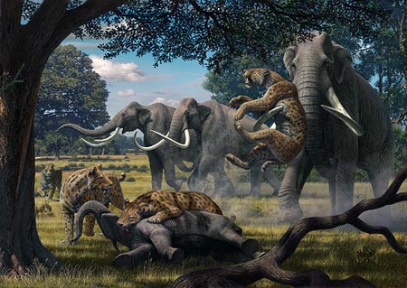 Recreación de mamuts lanados en su habitat.