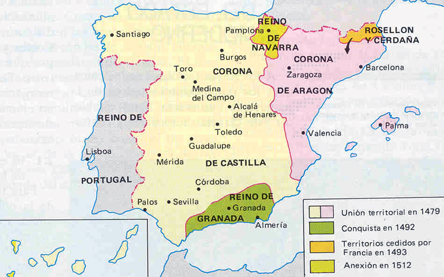 Mapa de la peninsula con los Reyes Católicos