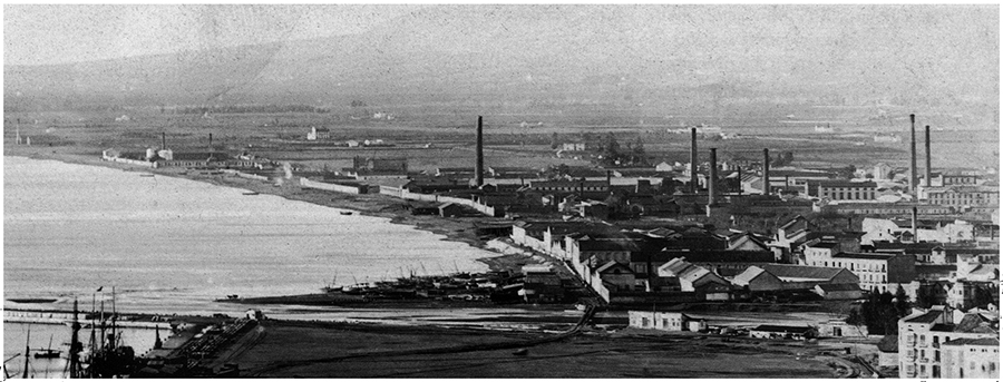 Vista de las industrias de la zona de playa de San Andres en el siglo XIX, entre ellas La Constancia.